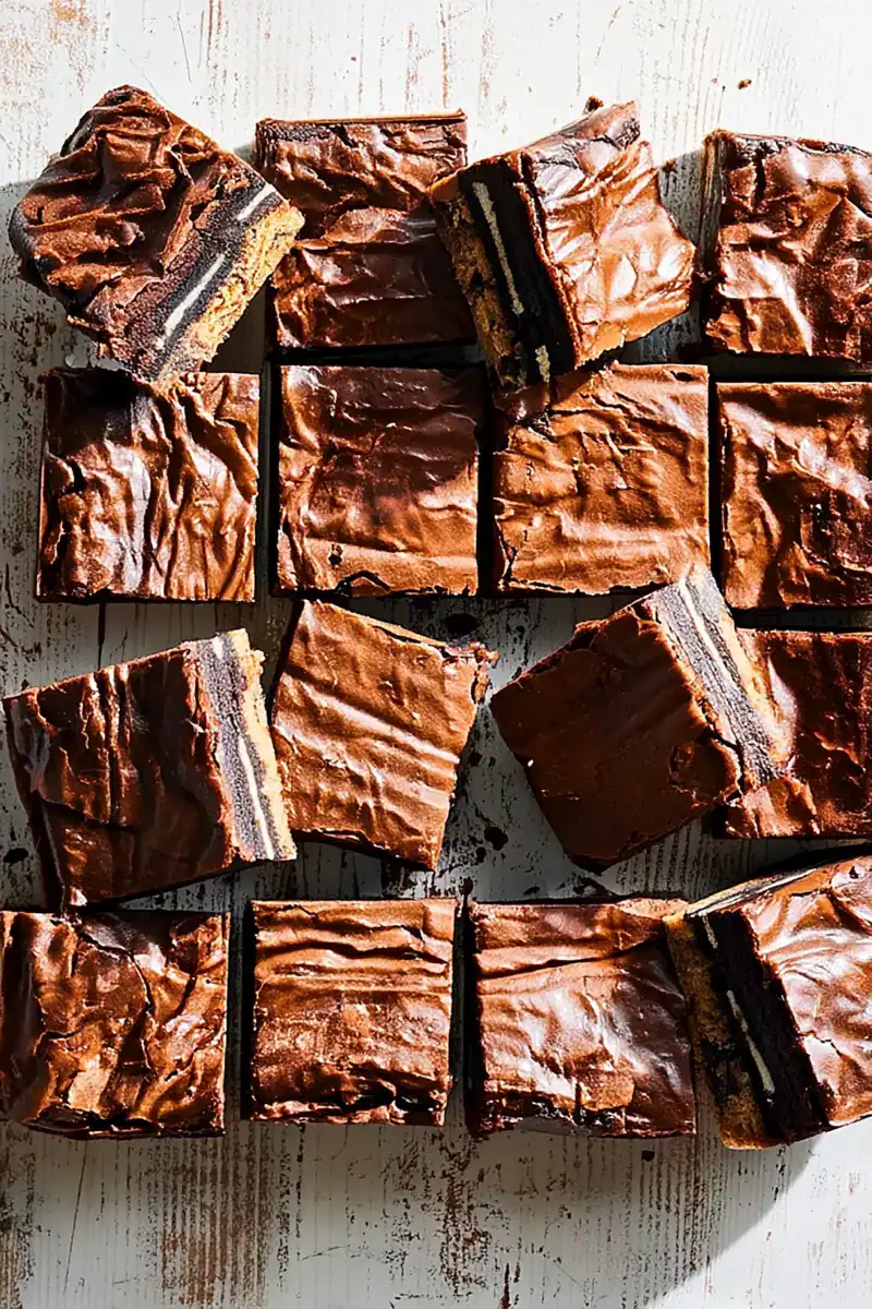 Chunks of layered chocolate and vanilla dessert bars with a glossy chocolate topping, arranged on a rustic white wooden surface, perfect for dessert recipes or bakeries.