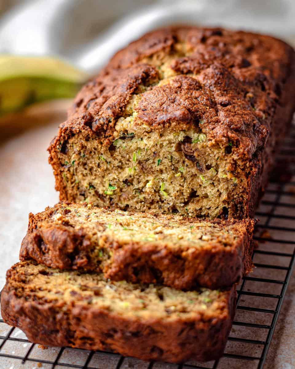 Moist homemade zucchini bread with walnuts and chocolate chips, fresh from the oven, on a cooling rack; perfect for breakfast or snack.