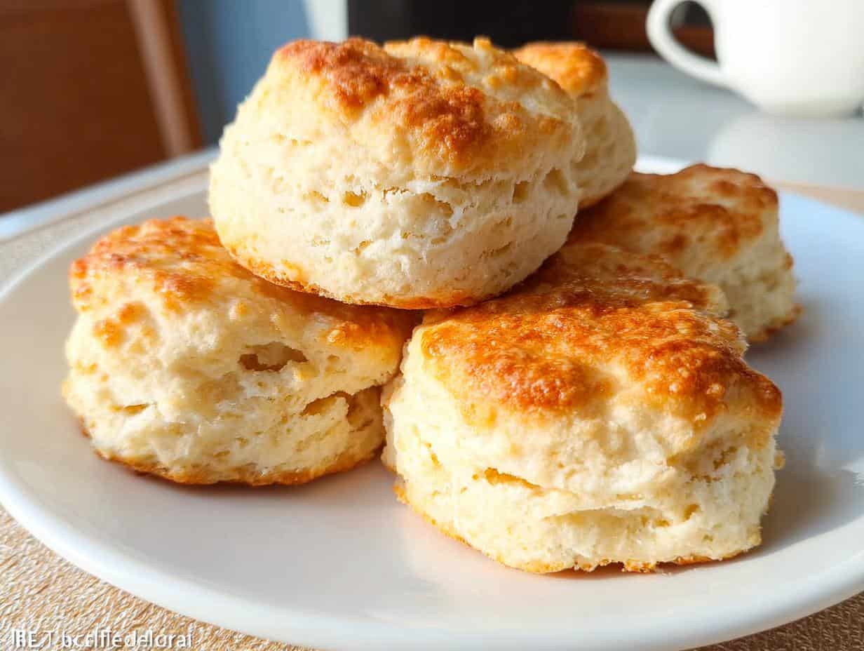 Fluffy homemade biscuits with golden-brown tops on a white plate, perfect for breakfast or brunch at The Baker's Whisk.