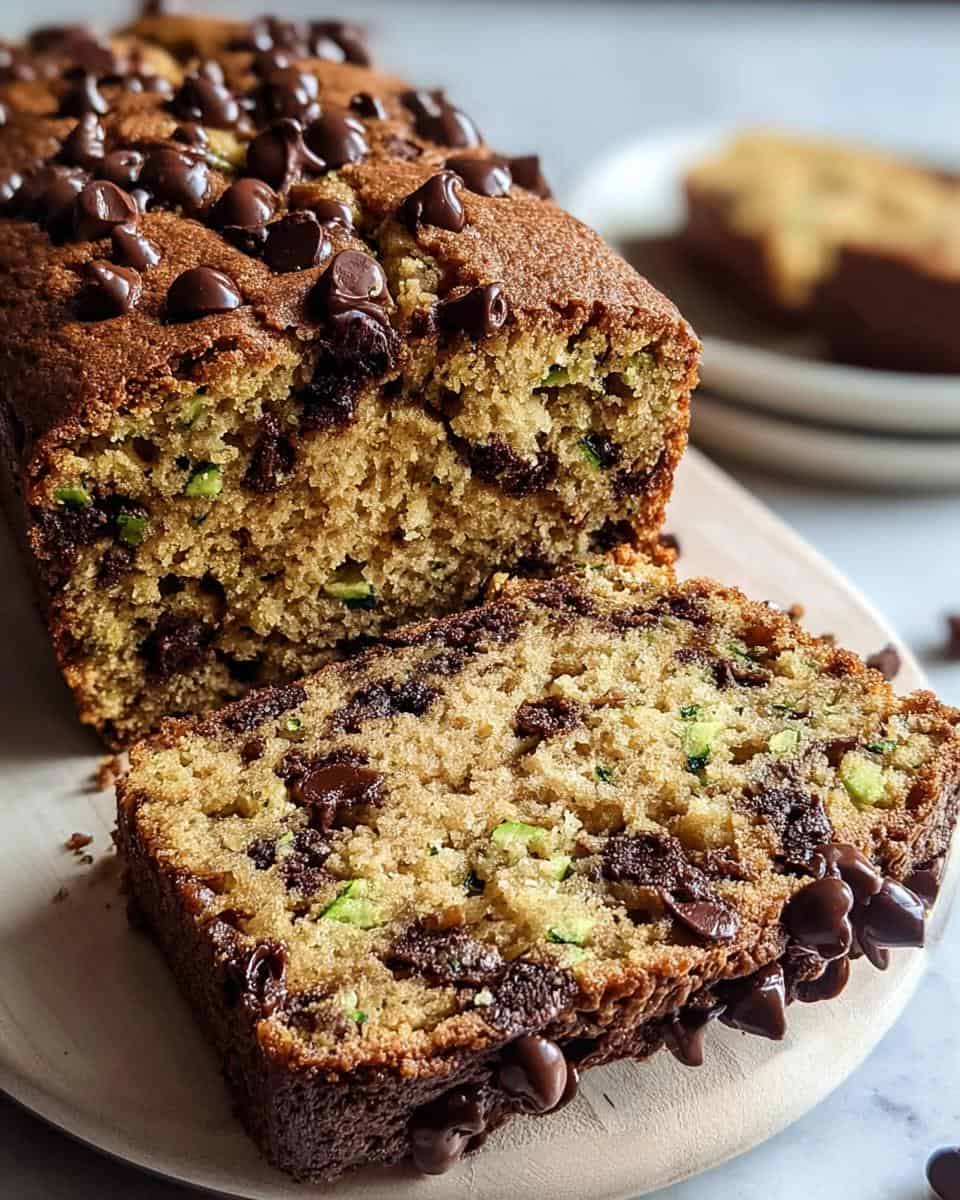 Gooey chocolate chip zucchini bread, homemade moist baking recipe, delicious and easy chocolate chip loaf with fresh zucchini, perfect for dessert or snack, from The Bakers Whisk.