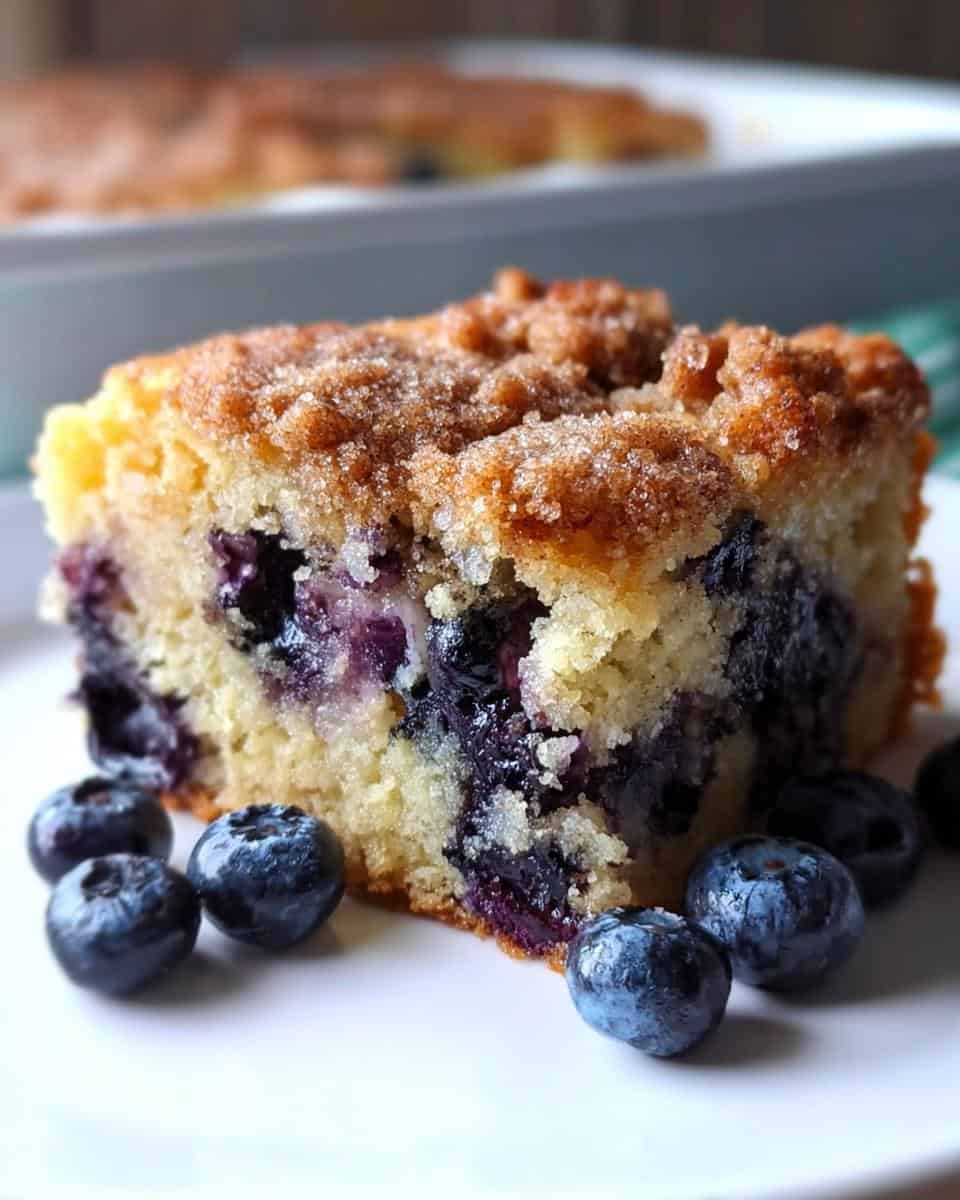 Blueberry crumble cake slice with fresh blueberries on white plate, close-up shot.