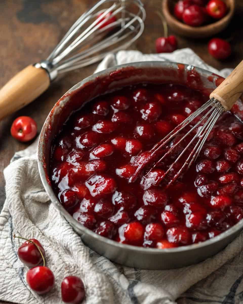 Sweet cherry filling in a metal pan ready for baking or cooking. Fresh cherries with vibrant red color, whipped with a whisk, perfect for pies or desserts. Rustic kitchen setting with cherries scattered around.