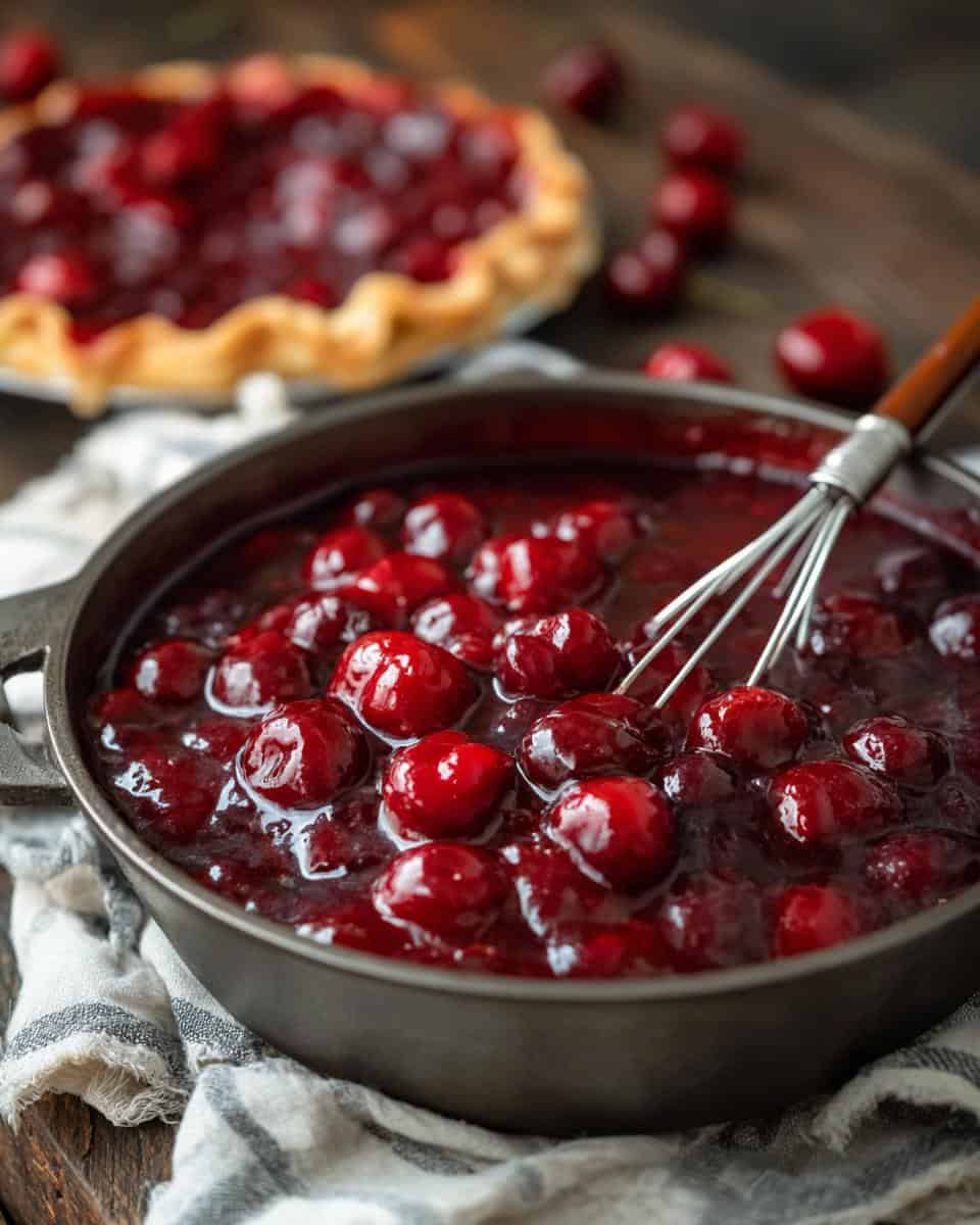 Fresh cherry pie filling in a skillet for homemade desserts and baking recipes. Perfect for cherry pies, tarts, and summer desserts made with fresh or frozen cherries.