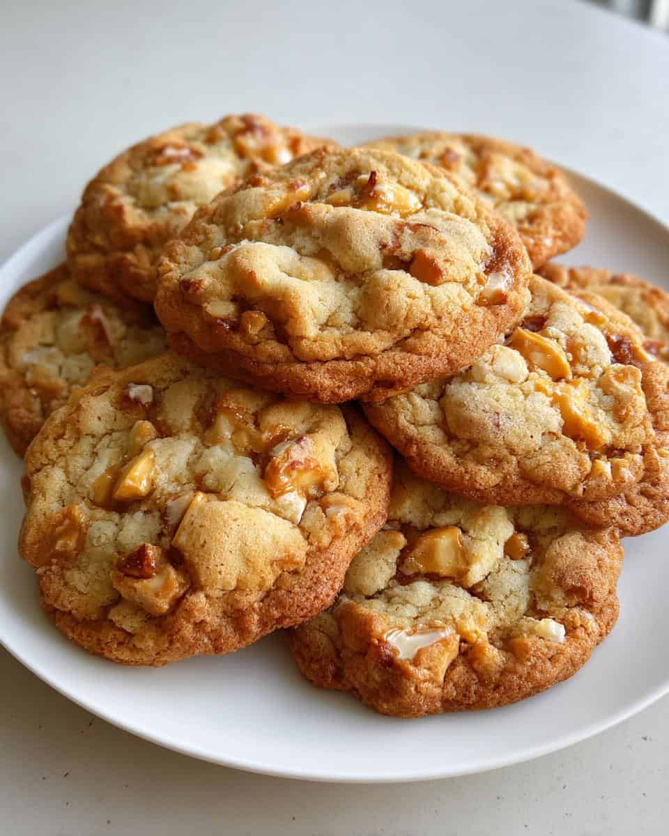 Butter pecan cookies with caramel chunks, on white plate, close-up, freshly baked, sweet treat, holiday baking, dessert, crunchy texture, homemade bakery cookies, caramel and pecans, tasty snacks, bakery desserts.