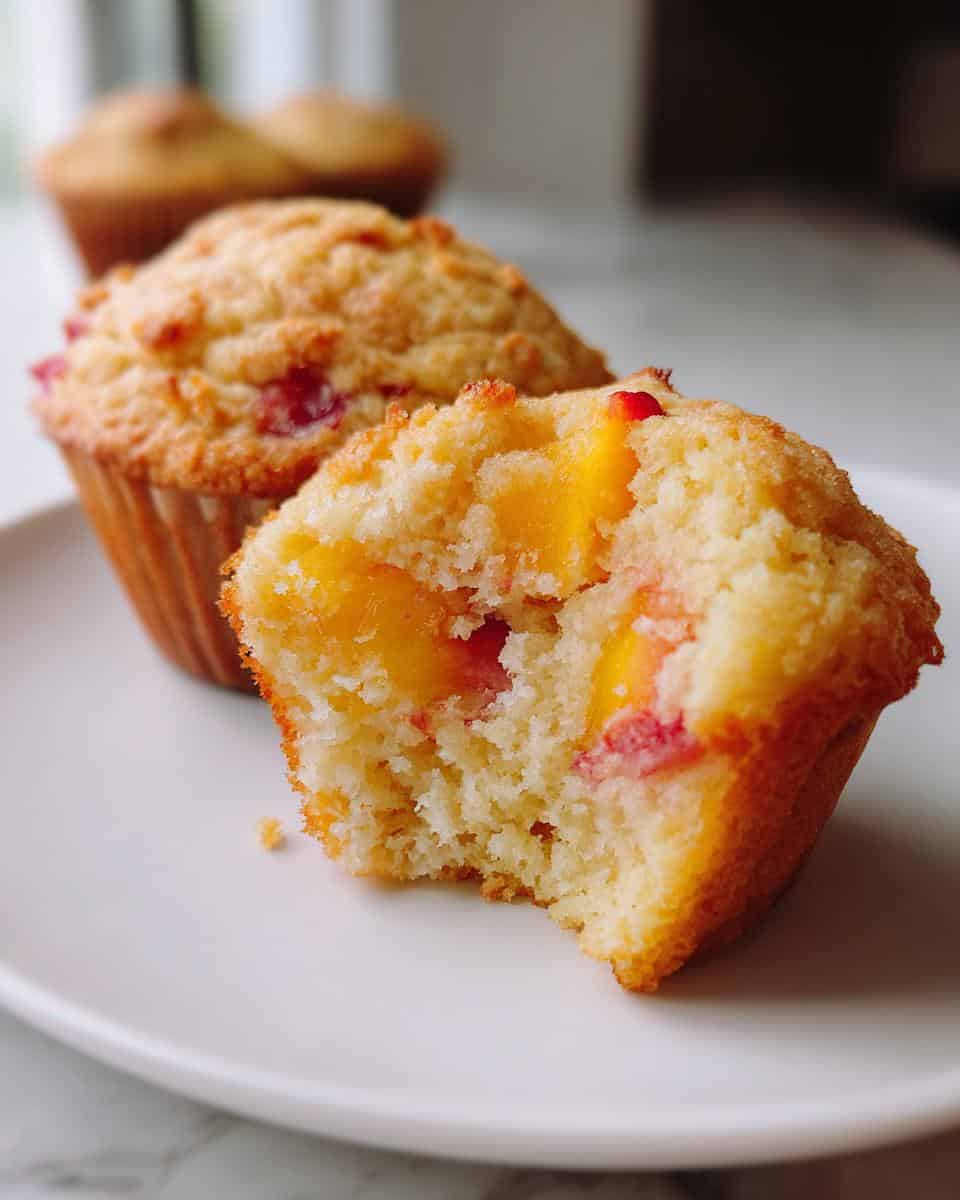 Fluffy peach and raspberry muffins with golden-brown tops on a white plate, freshly baked and perfect for breakfast or snack.