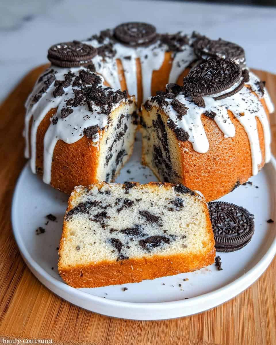 Oreo cookie bundt cake with white glaze and crushed Oreos garnishing, presented on a white plate on a wooden surface.