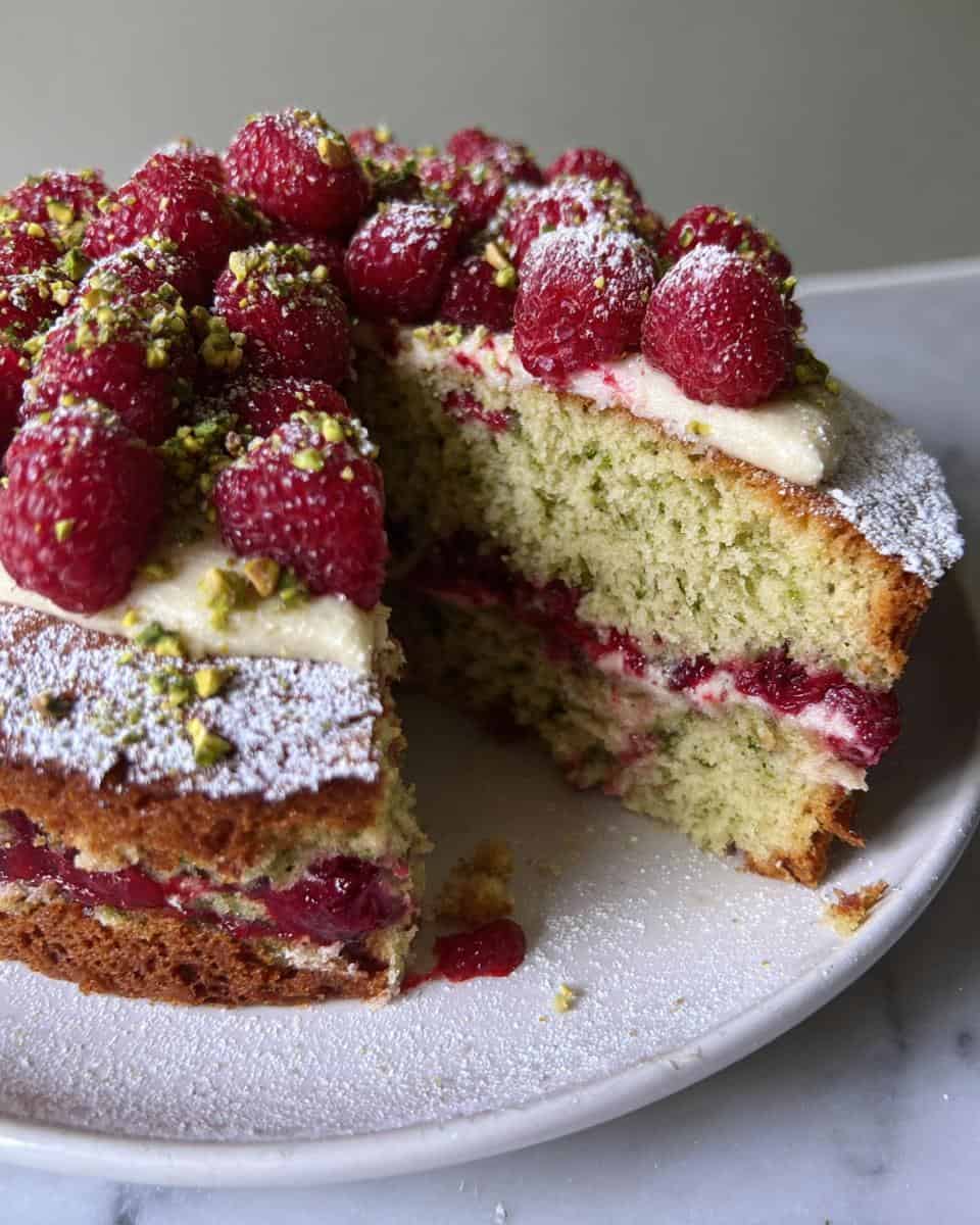Fresh raspberry cake topped with crushed pistachios and powdered sugar, featuring layers of cream and raspberry filling, perfect for dessert lovers seeking homemade bakery quality.