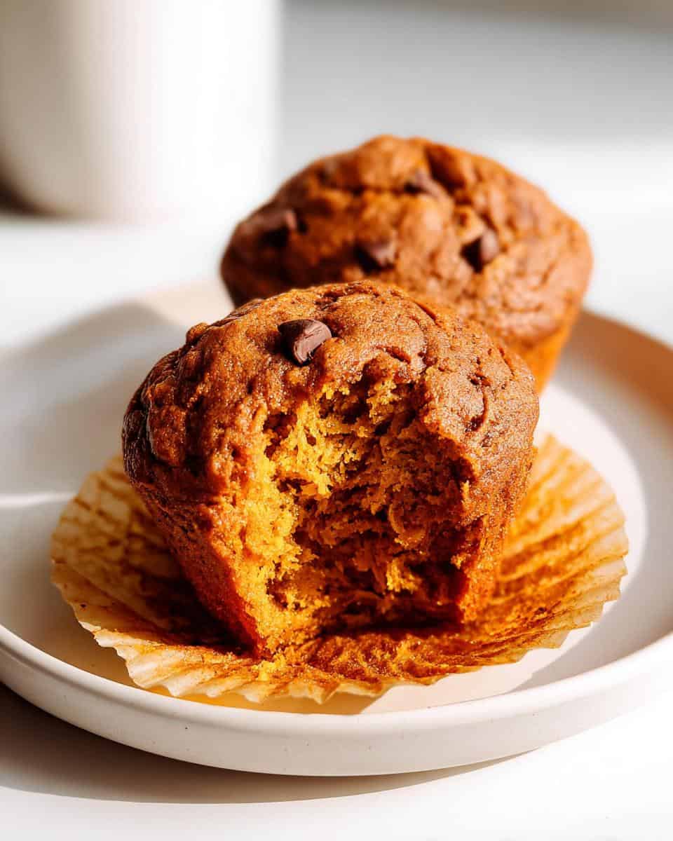 Creamy vanilla muffin with chocolate chips, fresh from the oven, on a white plate with a paper cupcake liner. Perfect for breakfast or snack.
