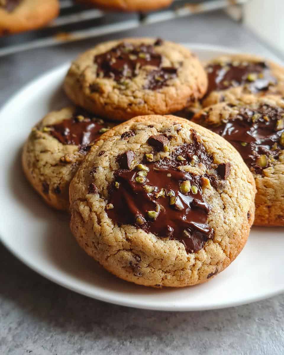 Decadent chocolate chip cookies with melted chocolate and chopped pistachios on top, fresh from the oven, perfect for dessert or a sweet snack.