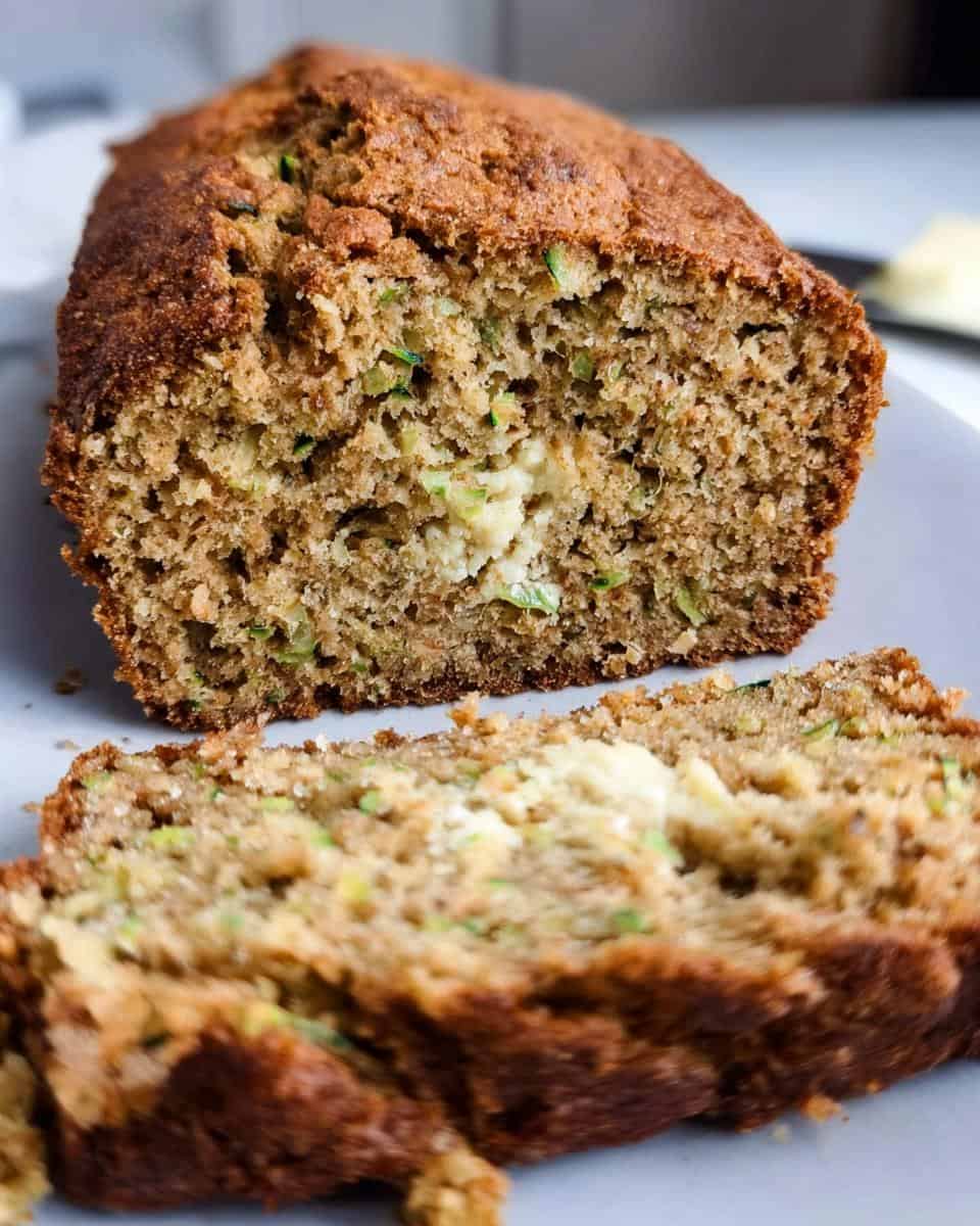 Crumb-filled zucchini bread loaf with creamy cheese center and green zucchini bits, freshly baked and sliced open, perfect for breakfast or snack.