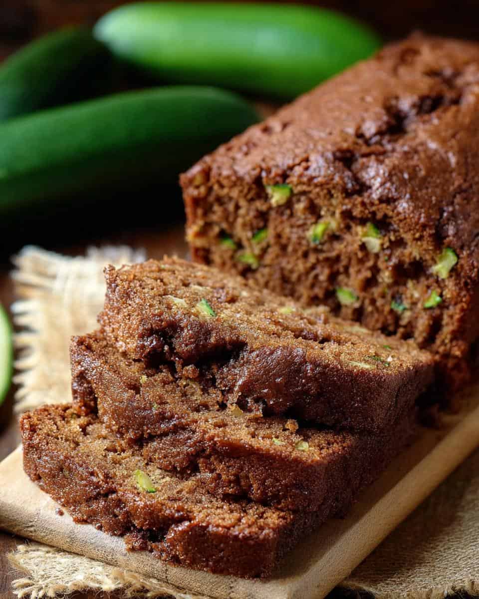 Chocolate zucchini bread with chopped pistachios on a wooden cutting board, fresh zucchini in the background, homemade baked good, healthy banana bread, moist chocolate loaf, perfect for breakfast or dessert.