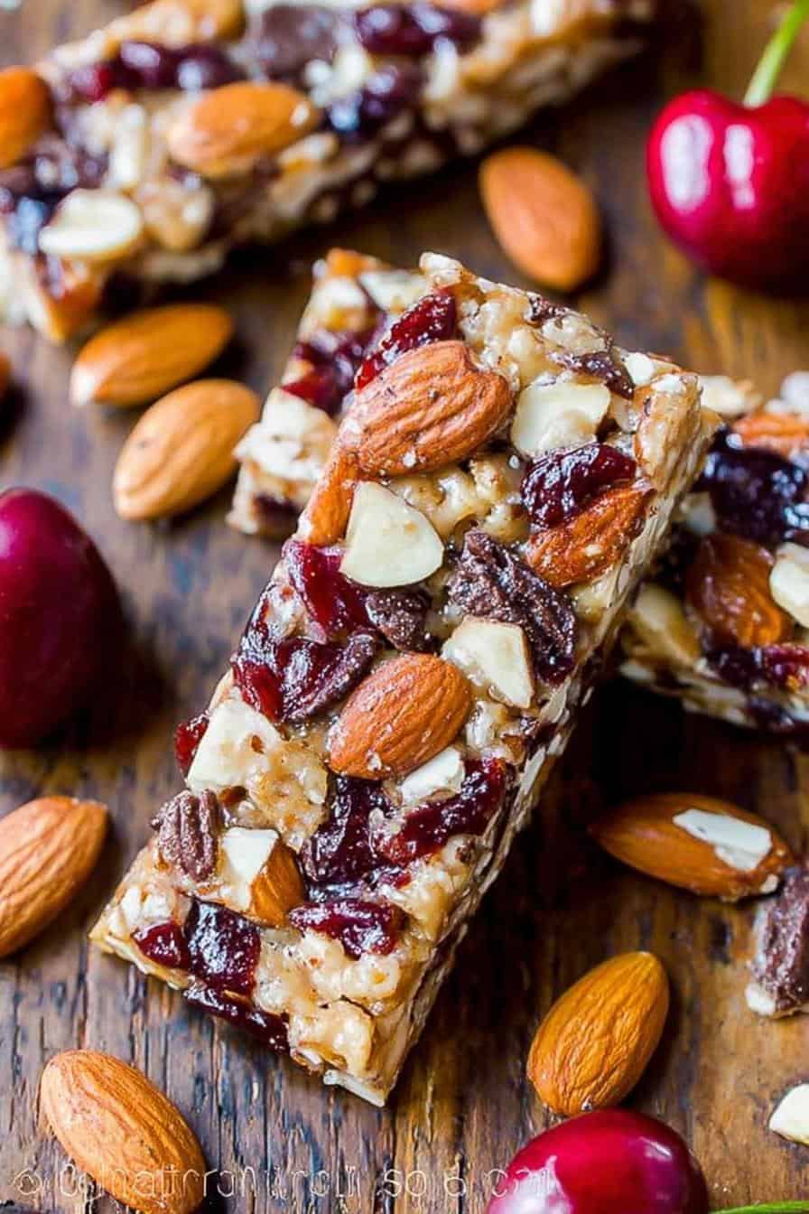 Chewy almond cherry granola bar with nuts and dried fruit displayed on a rustic wooden surface. Perfect for healthy snacks or homemade energy bars, featuring almonds, dried cherries, and oats.