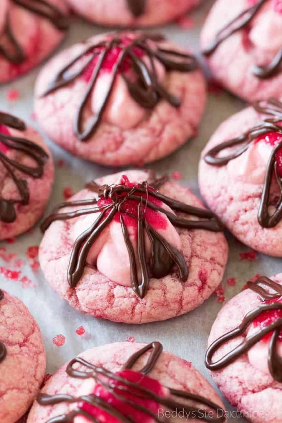 Cherry and chocolate cookies with pink icing and drizzled chocolate on top, close-up of freshly baked cookies, sweet treats for dessert, bakery style cookies, pink and red color themes, topped with cherries and chocolate drizzle, delicious baked goods.