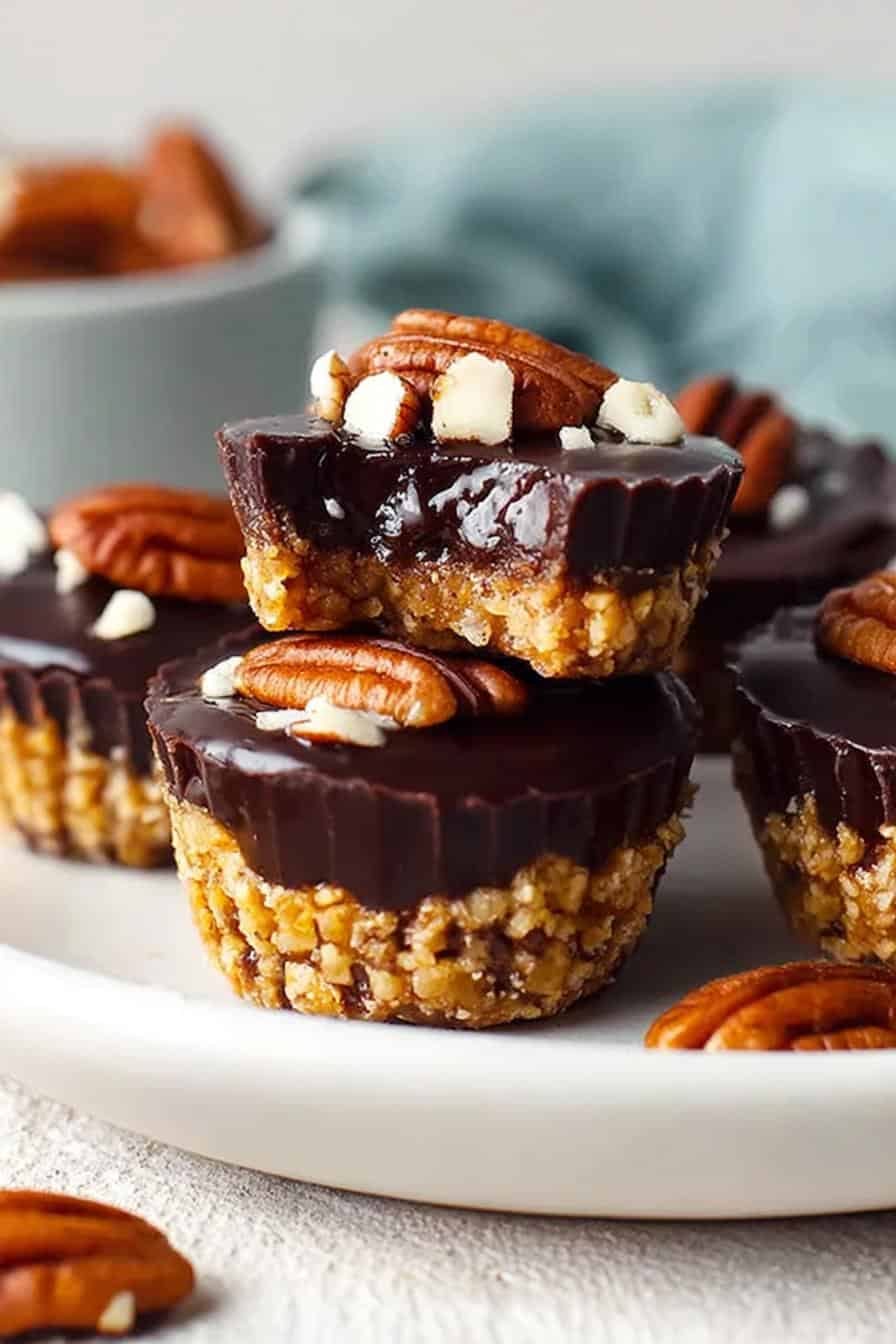 Decadent chocolate pecan energy bites with a crunchy nut crust and glossy chocolate topping, perfect for healthy snacking and dessert. Made with wholesome ingredients and rich flavors.